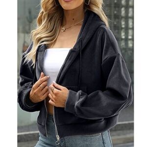 Casual Long Sleeve fleece Cropped Jacket Full Zip Hoodie Sweatshirt - M